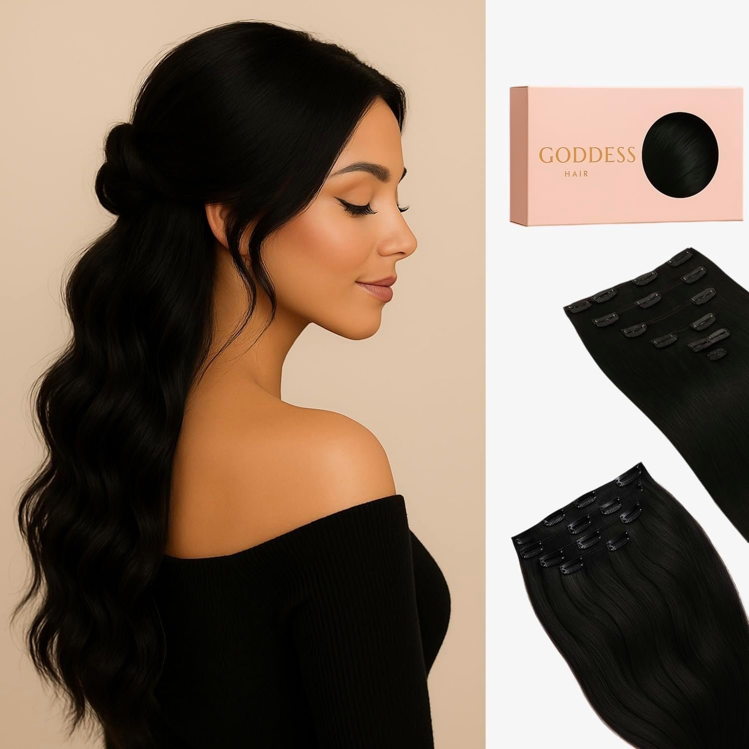 Extensiones de Pelo Natural Remy Clips – 50 cm, 80 g, 7 Piezas – (#1A Negro Natural)