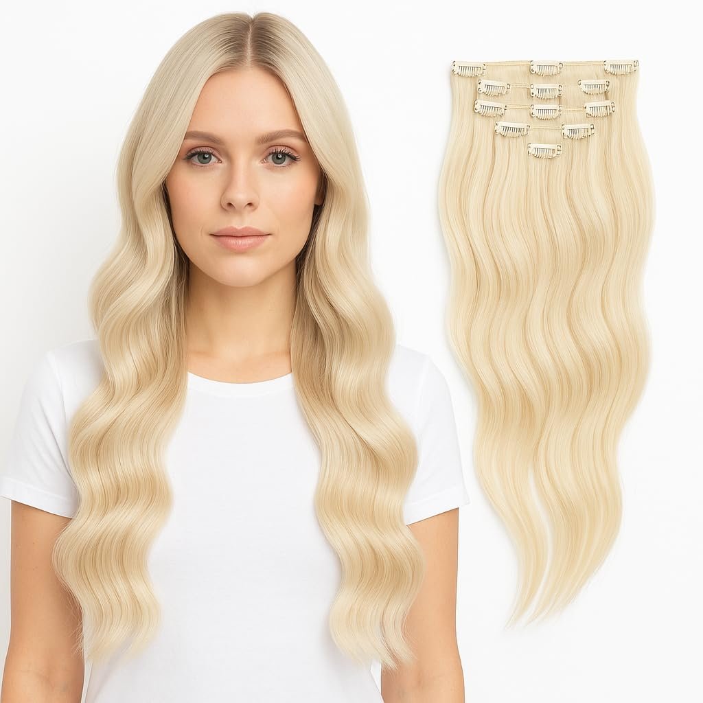 Extensiones de Pelo Natural Remy con Clips – 50 cm, 80 g, 7 Piezas – (#613 Blonde)